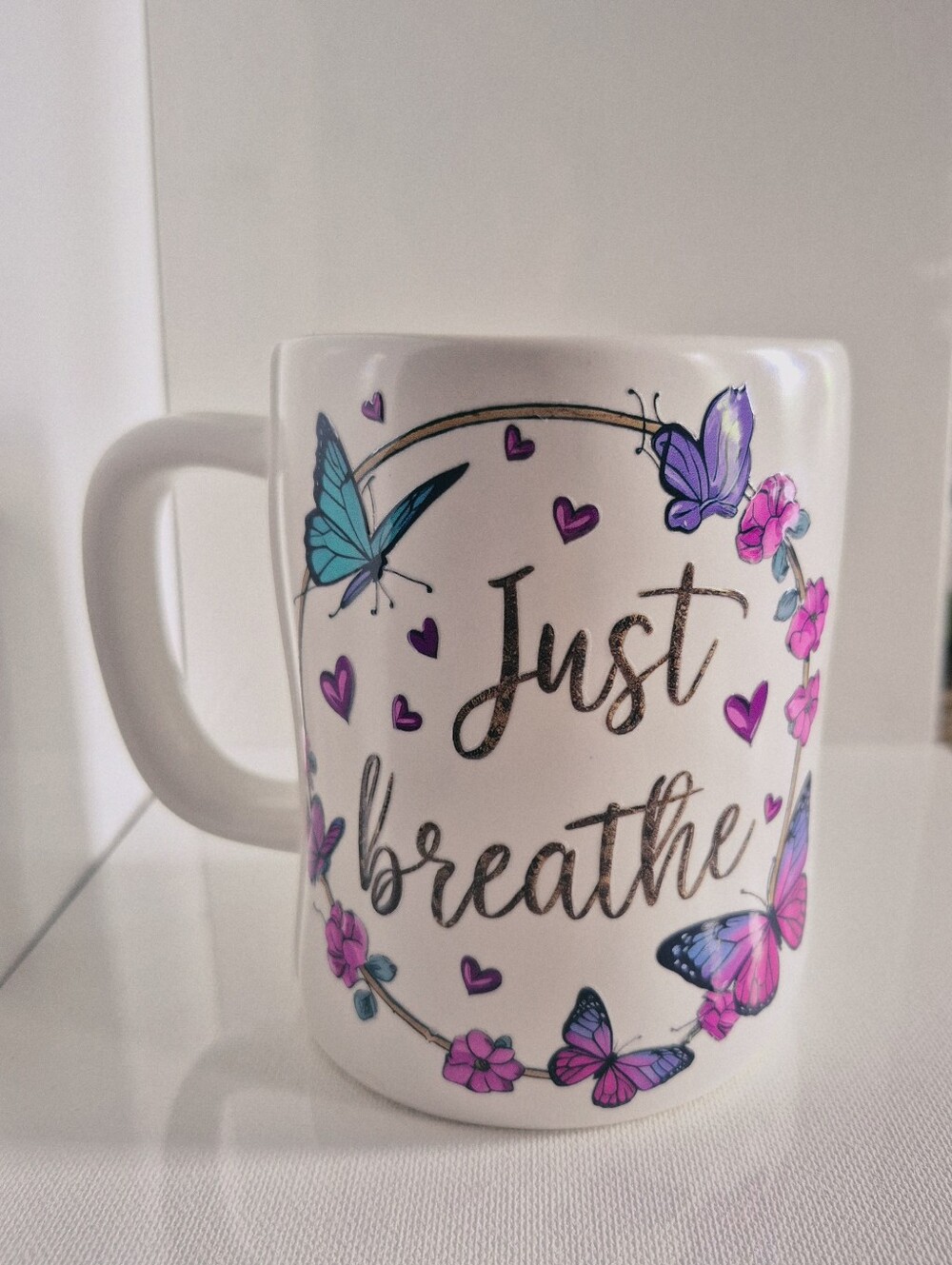 'Just Breathe' Butterfly Custom Design Added Teal Accents Rae Dunn Ceramic Mug
